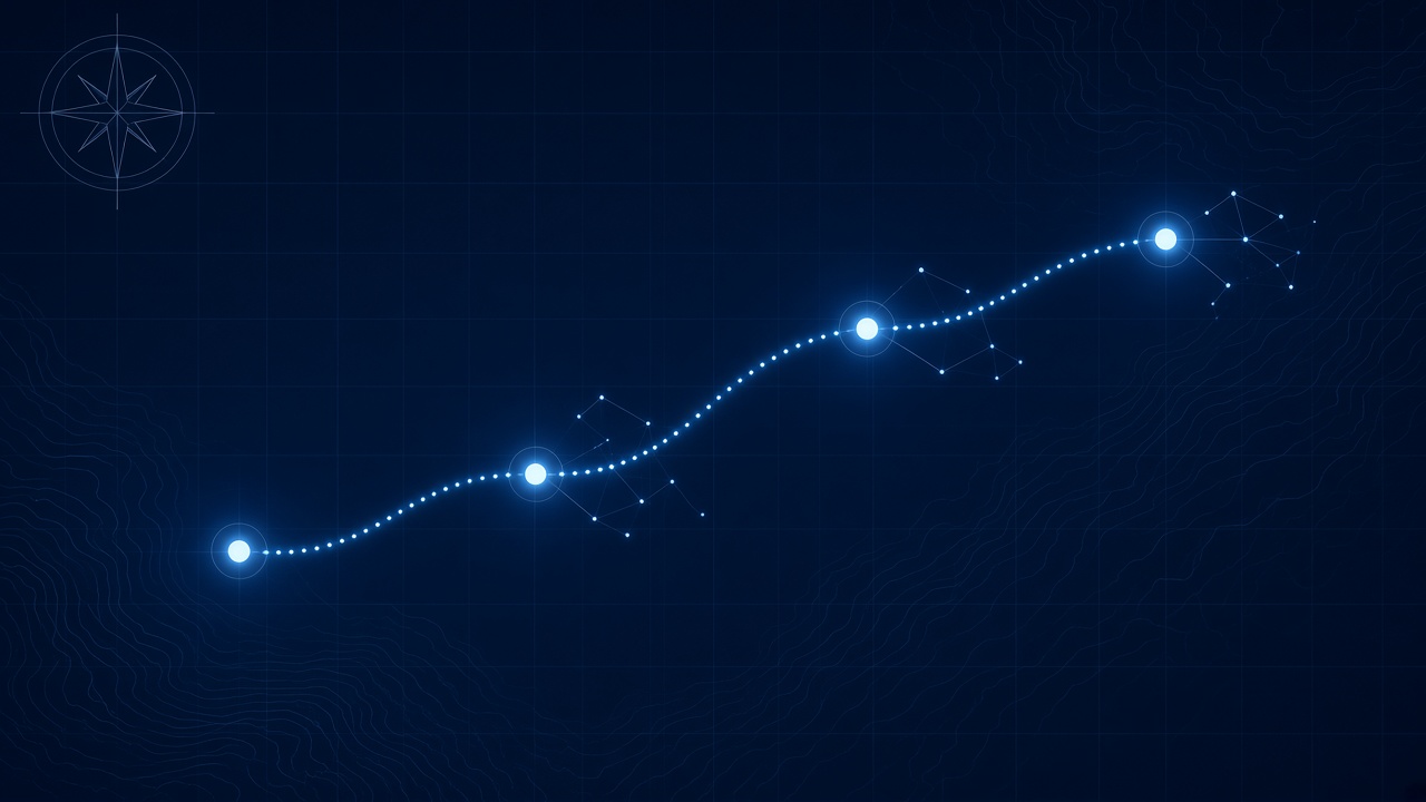 A glowing route plotted across a navy chart with four waypoints and a compass rose