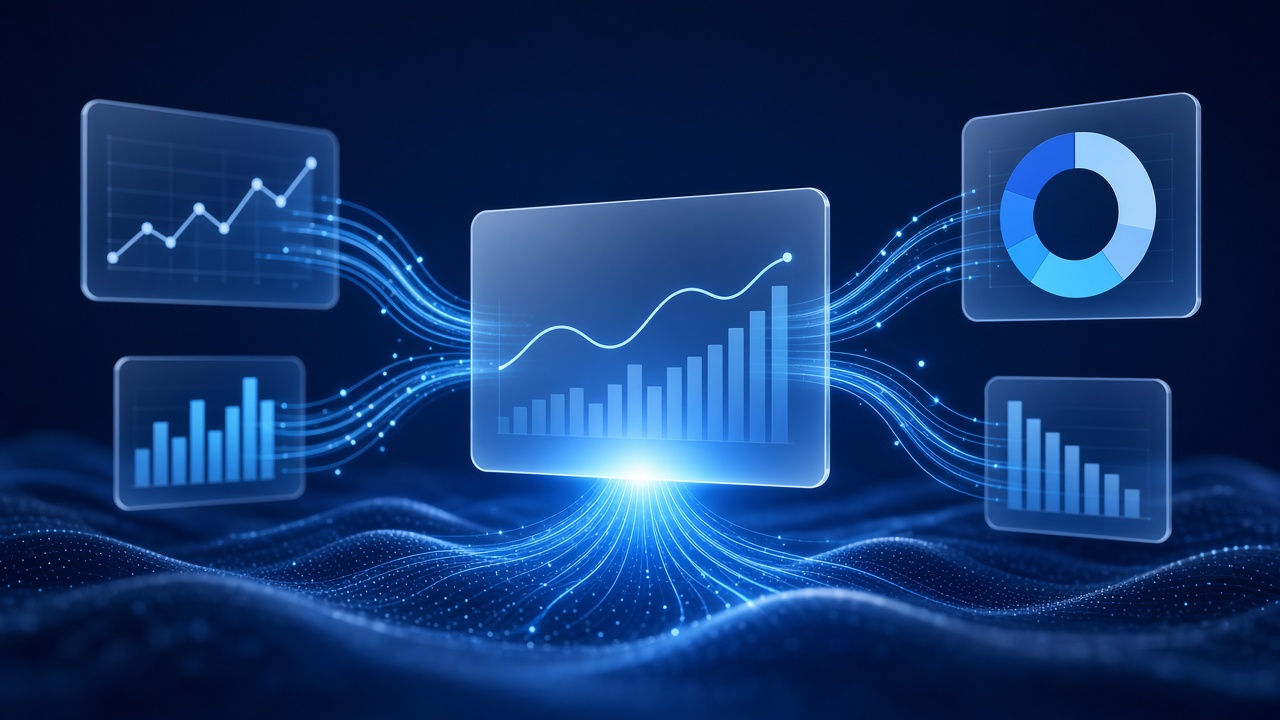 Abstract dashboard panels with data streams converging into one clear central view