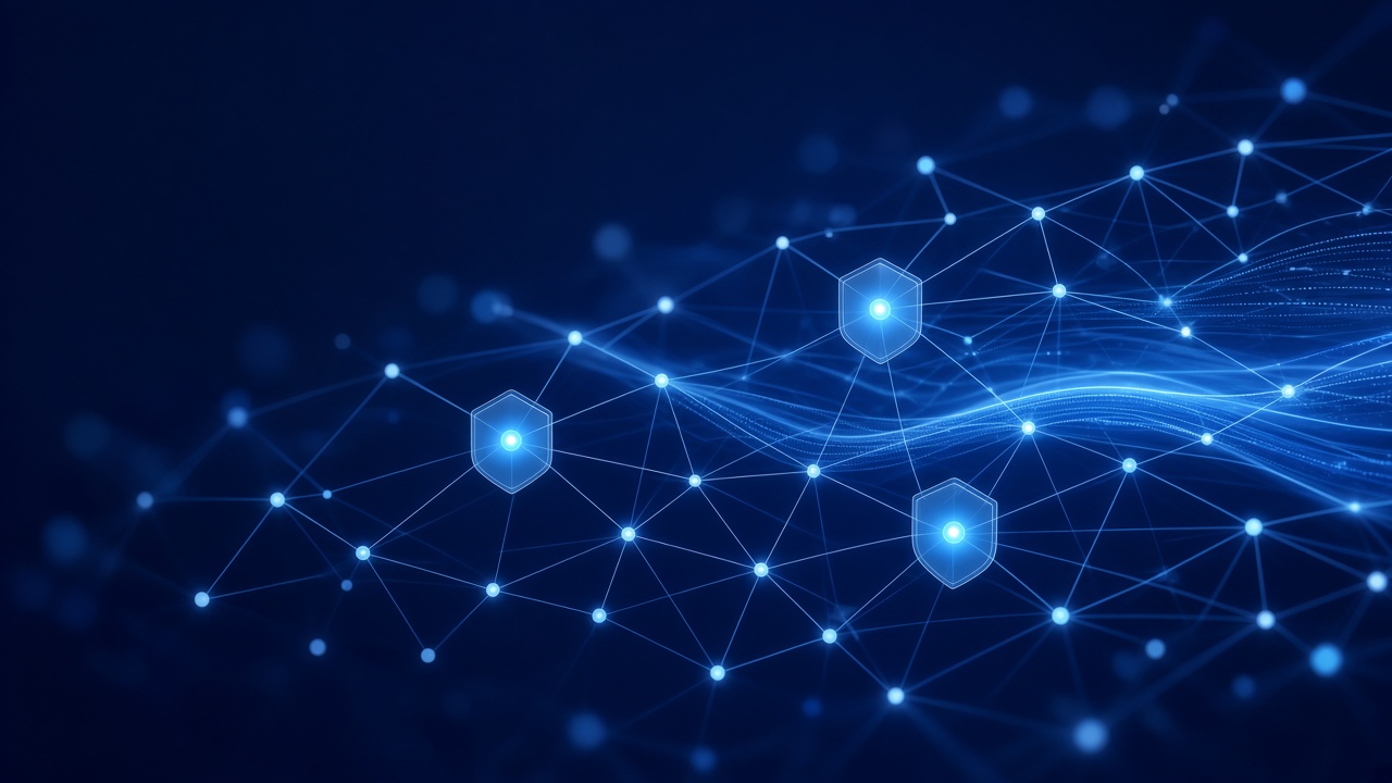 A calm network of connected data points with protective shields around key nodes